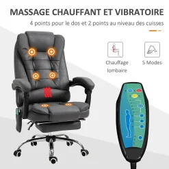 Fauteuil de bureau direction massant chauffant hauteur réglable dossier inclinable tissu gris
