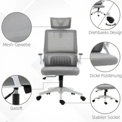 Fauteuil de Bureau Ergonomique Gris avec Appui-Tête Réglable, Soutien Lombaire, Hauteur et Accoudoirs Ajustables, Dossier en Mesh