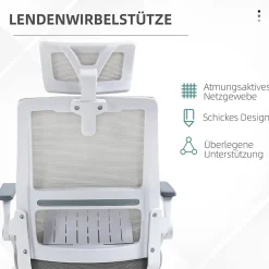 Fauteuil de Bureau Ergonomique Gris avec Appui-Tête Réglable, Soutien Lombaire, Hauteur et Accoudoirs Ajustables, Dossier en Mesh