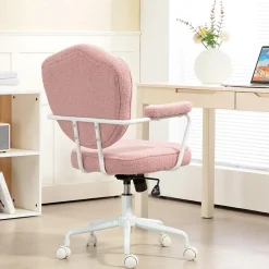 Fauteuil de Bureau Ergonomique - Chaise Pivotante avec Dossier Rembourré et Fonction Bascule, Tissu Bouclette Rose, 63x61,5x101 cm