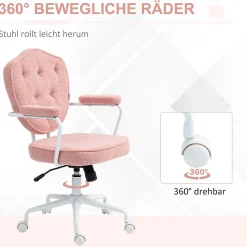 Fauteuil de Bureau Ergonomique - Chaise Pivotante avec Dossier Rembourré et Fonction Bascule, Tissu Bouclette Rose, 63x61,5x101 cm