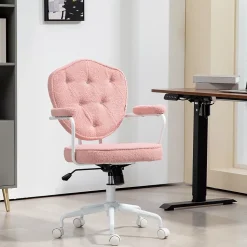 Fauteuil de Bureau Ergonomique - Chaise Pivotante avec Dossier Rembourré et Fonction Bascule, Tissu Bouclette Rose, 63x61,5x101 cm