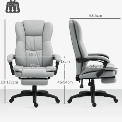 Fauteuil de Bureau Ergonomique - Chaise de Bureau Massant Chauffant avec Repose-Pieds, Inclinable et Pivotant, PU Gris Clair