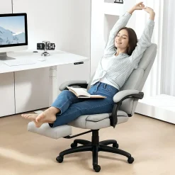 Fauteuil de Bureau Ergonomique - Chaise de Bureau Massant Chauffant avec Repose-Pieds, Inclinable et Pivotant, PU Gris Clair