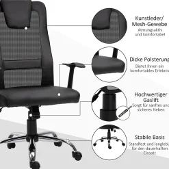 Fauteuil de Bureau Ergonomique - Chaise Pivotante avec Fonction Bascule et Réglage Hauteur, Confortable et Robuste 120 kg, PU Noir