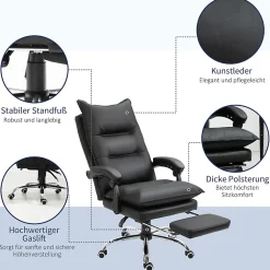 Fauteuil de Bureau Ergonomique Inclinable avec Repose-Pieds - PU Confortable, Réglable, Noir, 66x72x130 cm