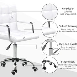 Fauteuil de Bureau Ergonomique - Chaise de Bureau Pivotante Réglable en Hauteur avec Rembourrage Confortable, PU PVC Blanc