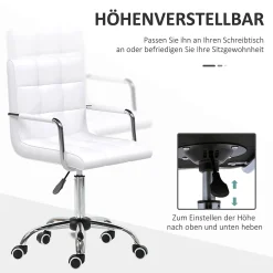 Fauteuil de Bureau Ergonomique - Chaise de Bureau Pivotante Réglable en Hauteur avec Rembourrage Confortable, PU PVC Blanc