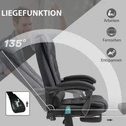 Fauteuil de Bureau Ergonomique - Chaise de Bureau Massante Chauffante avec Télécommande et Repose-Pieds, Polyester Noir