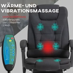 Fauteuil de Bureau Ergonomique - Chaise de Bureau Massante Chauffante avec Télécommande et Repose-Pieds, Polyester Noir