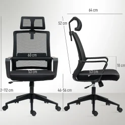Fauteuil de Bureau Ergonomique - Chaise de Bureau Réglable avec Appui-Tête et Accoudoirs, Pivotante, Mesh Respirante, Noir