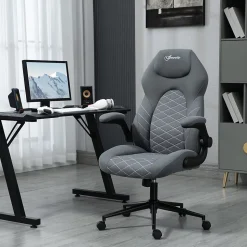 Fauteuil de Bureau Ergonomique avec Accoudoirs Réglables et Fonction Bascule - Rembourrée en Polyester - Gris