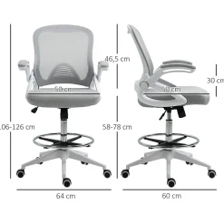 Fauteuil de Bureau Ergonomique - Chaise Pivotante, Accoudoirs Rabattables et Repose-Pieds Ajustable, Maille Respirante, Gris