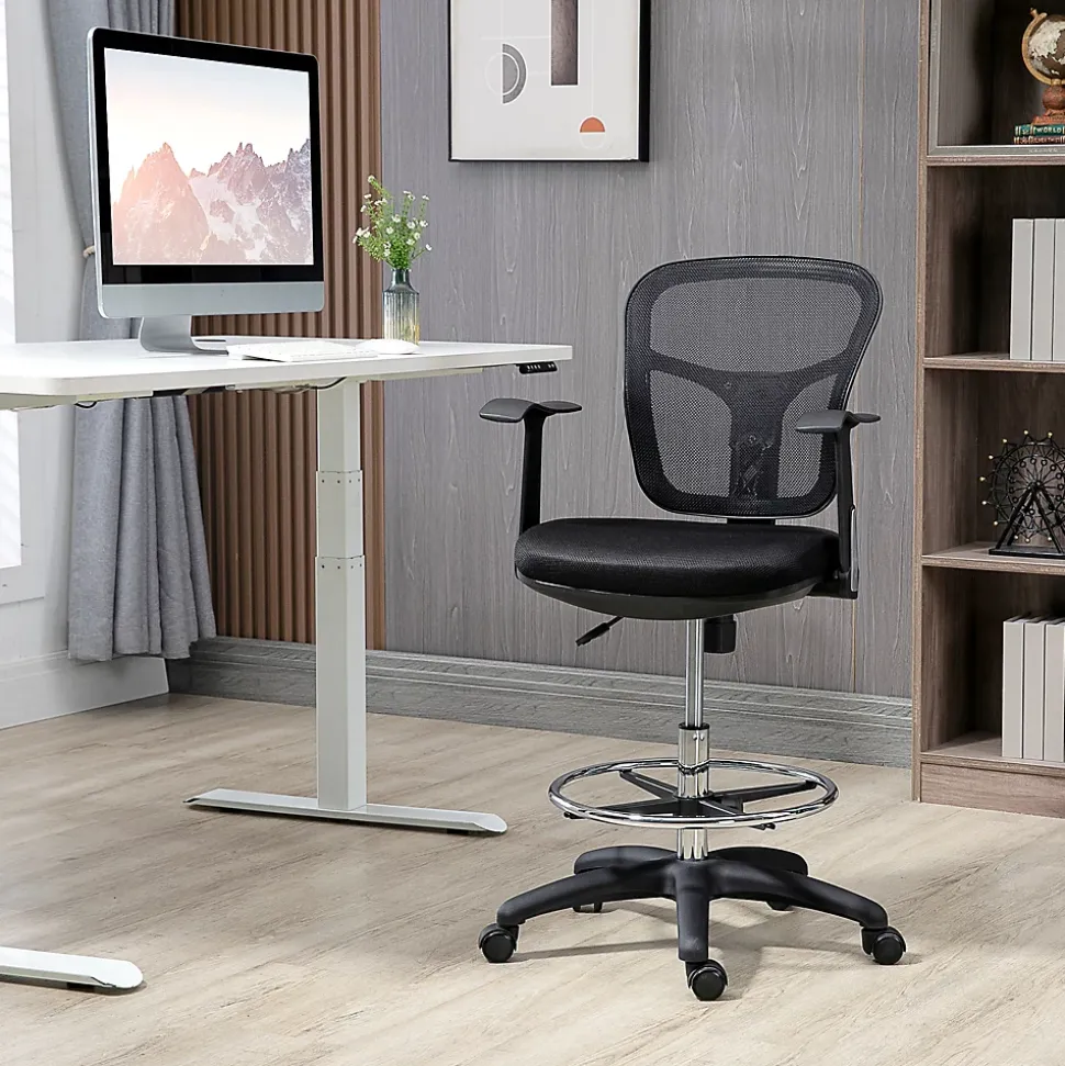 Fauteuil de bureau ergonomique type, réglable, avec accoudoirs et repose-pieds, tissu mesh noir, pour bureau ou maison