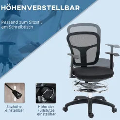 Fauteuil de bureau ergonomique type, réglable, avec accoudoirs et repose-pieds, tissu mesh noir, pour bureau ou maison