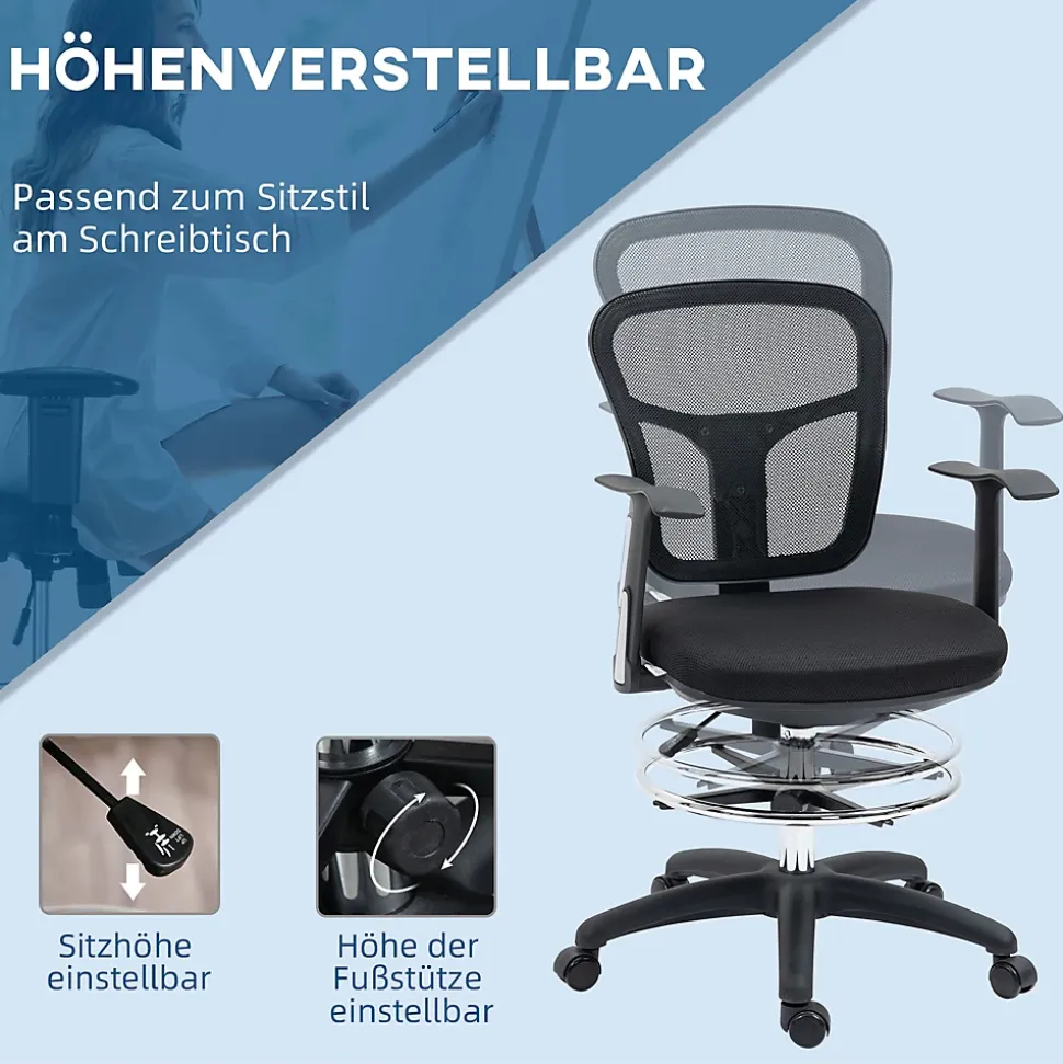 Fauteuil de bureau ergonomique type, réglable, avec accoudoirs et repose-pieds, tissu mesh noir, pour bureau ou maison
