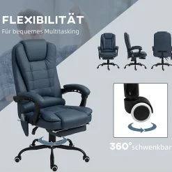 Fauteuil de Bureau Ergonomique avec Massage Vibrant, Repose-Pieds Réglable - PU Bleu, 67x67x121 cm