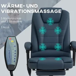 Fauteuil de Bureau Ergonomique avec Massage Vibrant, Repose-Pieds Réglable - PU Bleu, 67x67x121 cm