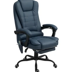 Fauteuil de Bureau Ergonomique avec Massage Vibrant, Repose-Pieds Réglable - PU Bleu, 67x67x121 cm