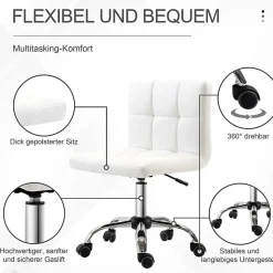 Fauteuil de Bureau Ergonomique - Chaise Sans Accoudoirs avec Réglage en Hauteur et Pivotante, PU, Blanc