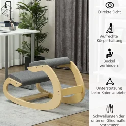 Fauteuil de Bureau Ergonomique - Chaise à Genoux pour Posture Correcte avec Basculante en Bois Gris, 54,5x85x54 cm