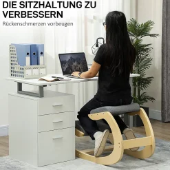 Fauteuil de Bureau Ergonomique - Chaise à Genoux pour Posture Correcte avec Basculante en Bois Gris, 54,5x85x54 cm