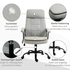 Fauteuil de Bureau Ergonomique - Chaise de Bureau avec Fonction Massage, Dossier Inclinable, Repose-Pieds Intégré, Beige