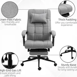 Fauteuil de Bureau Ergonomique avec Appui-Tête et Repose-Pieds - Réglable en Hauteur - Lin, 66x76x120 cm, Gris Clair