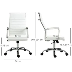 Fauteuil de Bureau Ergonomique - Chaise Pivotante avec Roulettes Métal, Réglable 120 kg, PU, Blanc, 54x62x114 cm