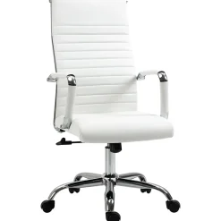 Fauteuil de Bureau Ergonomique - Chaise Pivotante avec Roulettes Métal, Réglable 120 kg, PU, Blanc, 54x62x114 cm