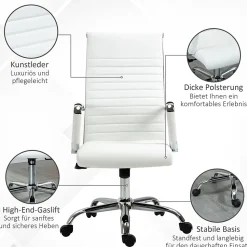 Fauteuil de Bureau Ergonomique - Chaise Pivotante avec Roulettes Métal, Réglable 120 kg, PU, Blanc, 54x62x114 cm