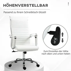 Fauteuil de Bureau Ergonomique - Chaise Pivotante avec Roulettes Métal, Réglable 120 kg, PU, Blanc, 54x62x114 cm