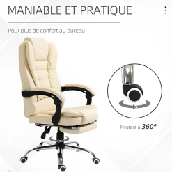 Fauteuil de bureau fauteuil manager grand confort réglable dossier inclinable repose-pied revêtement synthétique crème
