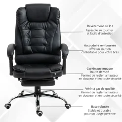 Fauteuil de bureau fauteuil manager grand confort réglable dossier inclinable repose-pied revêtement synthétique noir