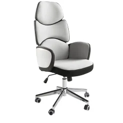 Fauteuil de bureau moderne pivotant en tissu gris clair et PVC blanc brillant