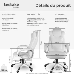 Fauteuil de bureau Rotatif à 360 et réglable en hauteur blanc