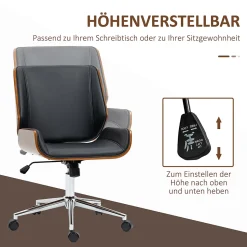 Fauteuil de bureau rétro, chaise de bureau en bois réglable en hauteur, pivotante avec fonction bascule, design élégant, noir