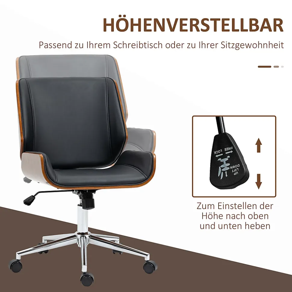 Fauteuil de bureau rétro, chaise de bureau en bois réglable en hauteur, pivotante avec fonction bascule, design élégant, noir