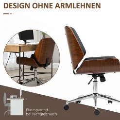 Fauteuil de bureau rétro, chaise de bureau en bois réglable en hauteur, pivotante avec fonction bascule, design élégant, noir
