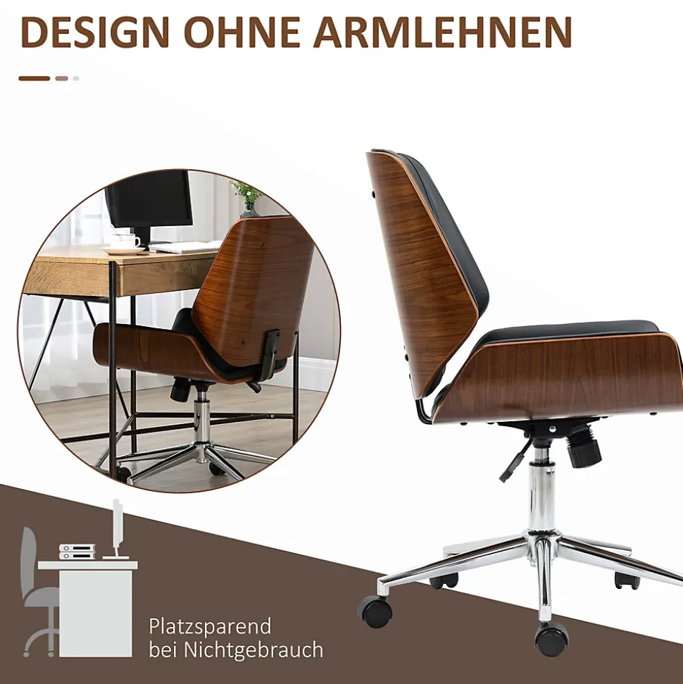 Fauteuil de bureau rétro, chaise de bureau en bois réglable en hauteur, pivotante avec fonction bascule, design élégant, noir
