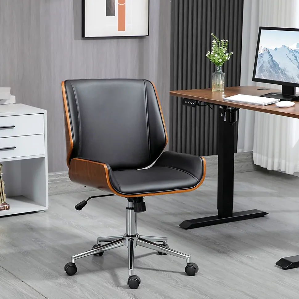 Fauteuil de bureau rétro, chaise de bureau en bois réglable en hauteur, pivotante avec fonction bascule, design élégant, noir