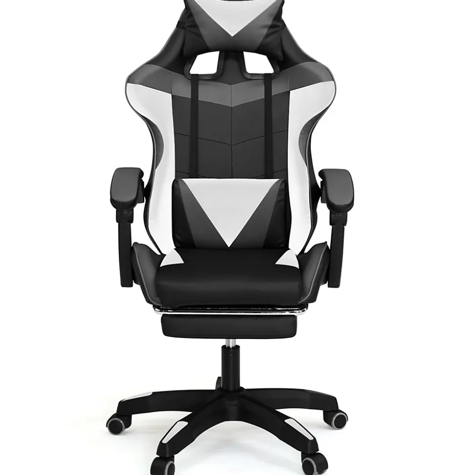 Fauteuil de gaming ALEX réglable avec repose-pied, coussin de tête et coussin lombaire noir blanc et gris
