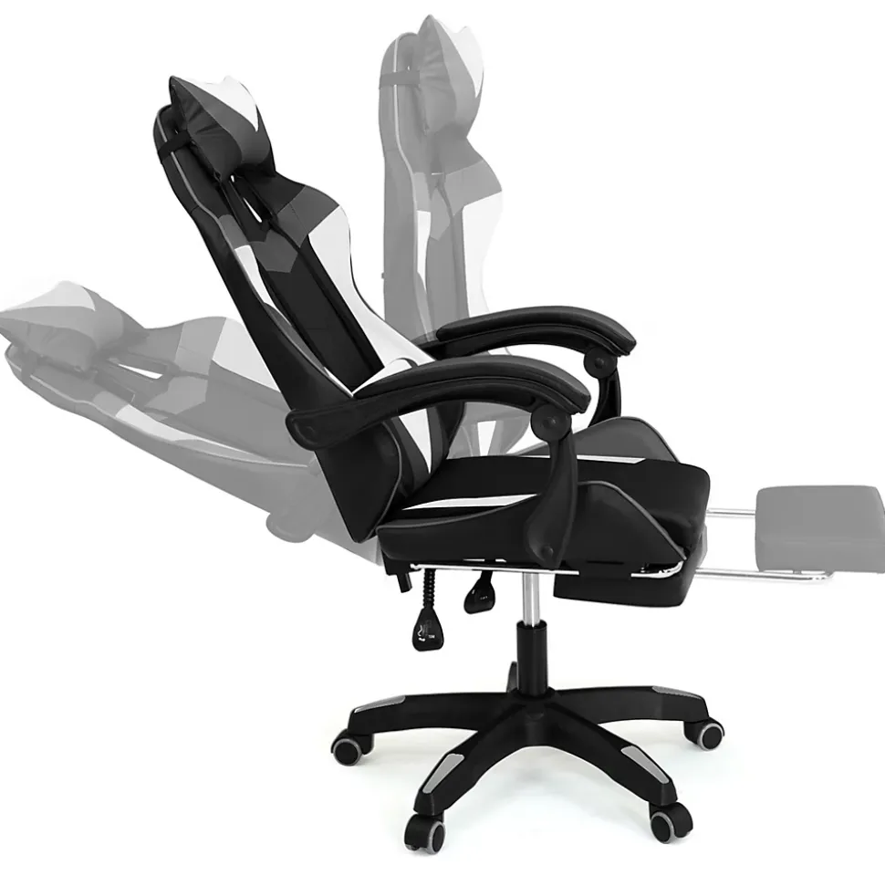 Fauteuil de gaming ALEX réglable avec repose-pied, coussin de tête et coussin lombaire noir blanc et gris