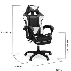 Fauteuil de gaming ALEX réglable avec repose-pied, coussin de tête et coussin lombaire noir blanc et gris