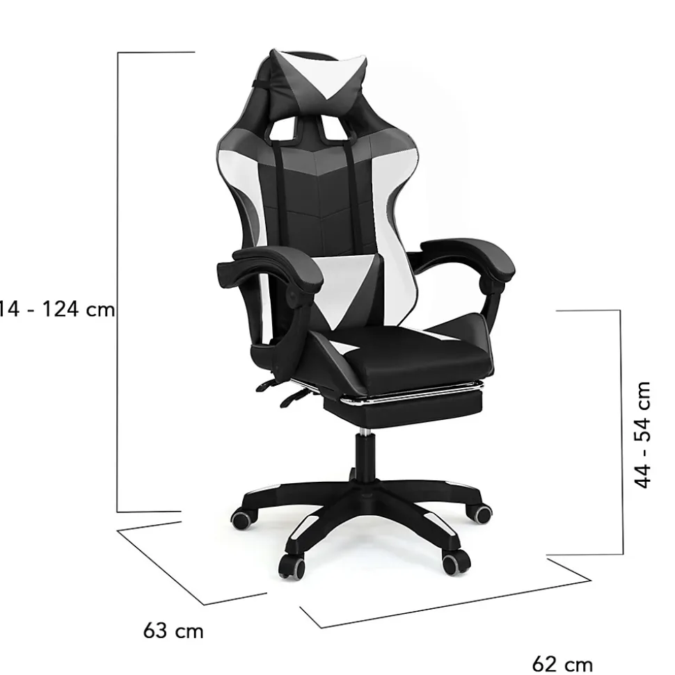 Fauteuil de gaming ALEX réglable avec repose-pied, coussin de tête et coussin lombaire noir blanc et gris