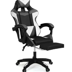 Fauteuil de gaming ALEX réglable avec repose-pied, coussin de tête et coussin lombaire noir blanc et gris
