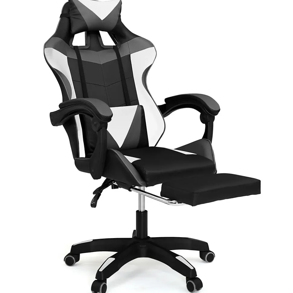 Fauteuil de gaming ALEX réglable avec repose-pied, coussin de tête et coussin lombaire noir blanc et gris