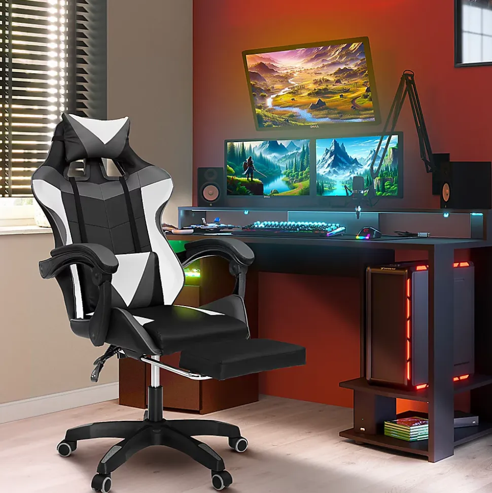 Fauteuil de gaming ALEX réglable avec repose-pied, coussin de tête et coussin lombaire noir blanc et gris