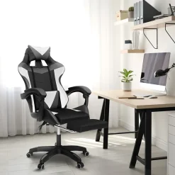 Fauteuil de gaming ALEX réglable avec repose-pied, coussin de tête et coussin lombaire noir blanc et gris
