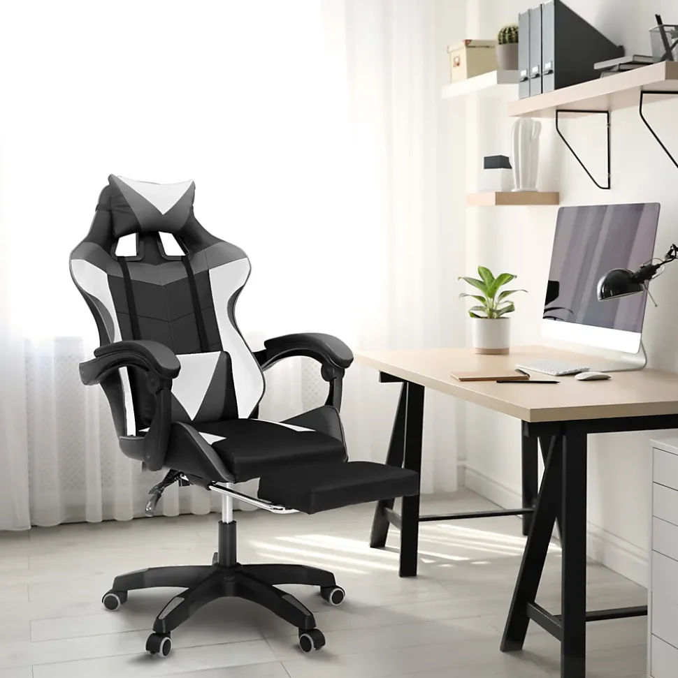 Fauteuil de gaming ALEX réglable avec repose-pied, coussin de tête et coussin lombaire noir blanc et gris